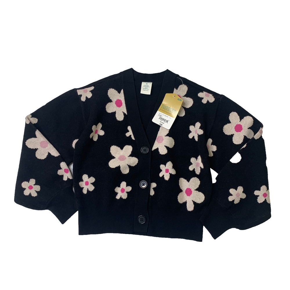 Thereabouts Cardigan Girls XS Extra Small Black Daisy V Neck Button Front Knit